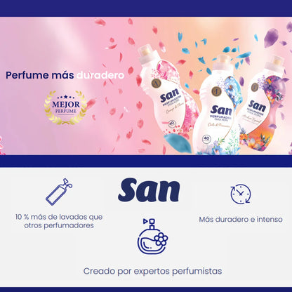 SAN Flower Field Detergente Profumato per Lavatrice, 40 Lavaggi, 800ml, Confezione da 4, Liquido Concentrato per Indumenti, Fragranza Morbida ed Elegante a Lunga Durata, Profumo Floreale con Talco