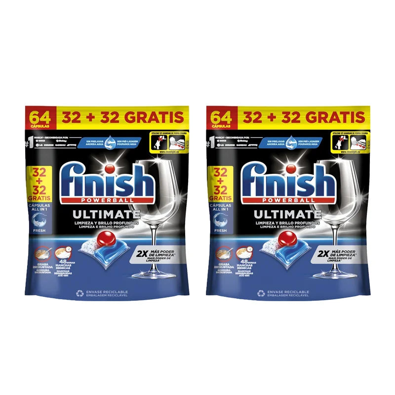 Finish Powerball Ultimate All-in-1, 64 pastiglie, efficaci su macchie asciutte e incrostate, confezione da 1 (64), 2 (128), 3 (192), 4 (256) o 5 (320)