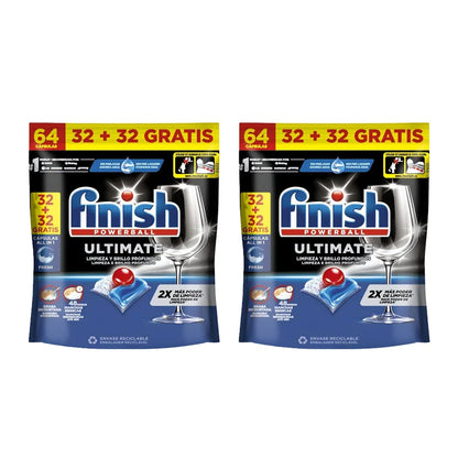 Finish Powerball Ultimate All-in-1, 64 pastiglie, efficaci su macchie asciutte e incrostate, confezione da 1 (64), 2 (128), 3 (192), 4 (256) o 5 (320)