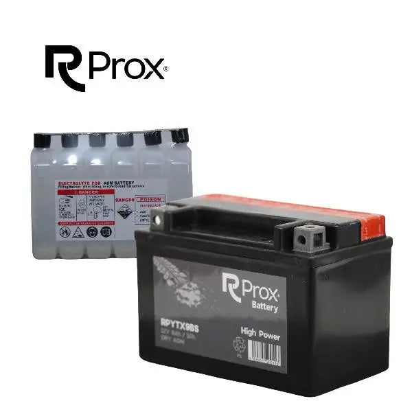Batteria per moto YTX9-BS AGM ad alta potenza 12V 8Ah 135A. Massima potenza di avviamento. Batteria RC Prox prodotta in Europa.