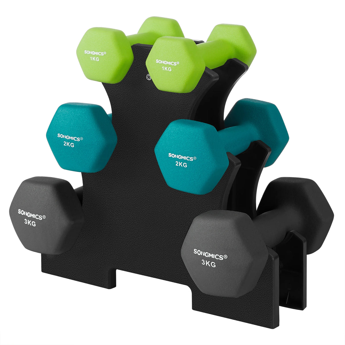 SONGMICS Set di Manubri, 3 Paia, 2 x 1kg, 2 x 2kg, 2 x 3kg, Supporto per Riporre, Palestra e Bodybuilding, Rivestimento Antiscivolo in Neoprene