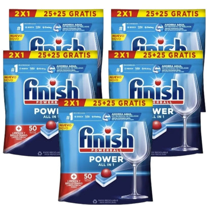 Finish Power All in 1 - Confezione da 5 confezioni da 25+25 (250) compresse o confezione da 2 confezioni da 25+25 (100) compresse per lavastoviglie senza fosfato, con Powerball per rimuovere le macchie di grasso più difficil