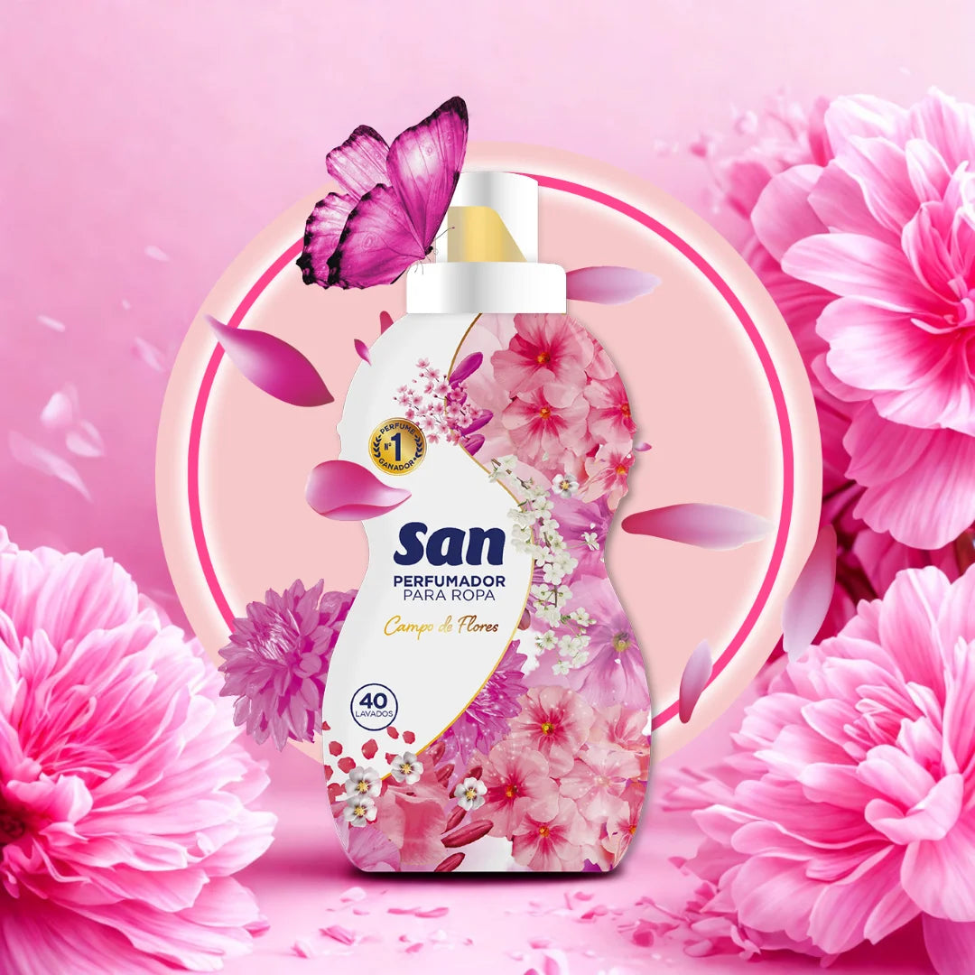 SAN Flower Field Detergente Profumato per Lavatrice, 40 Lavaggi, 800ml, Confezione da 4, Liquido Concentrato per Indumenti, Fragranza Morbida ed Elegante a Lunga Durata, Profumo Floreale con Talco