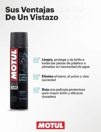 MOTUL MC CARE E9 SPRAY LAVAGGIO E CERA 
 Lavanderia a secco esterna 
 Pulisce e lucida plastica e vernici 
 Spray 
 Contenitore da 400 ml