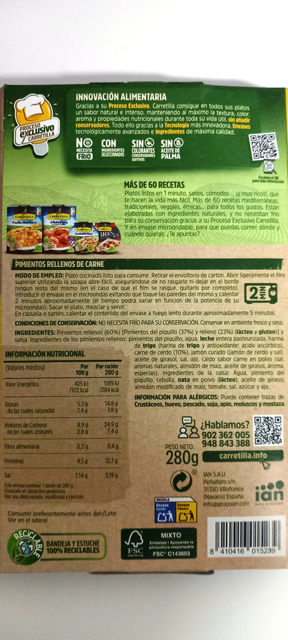 Peperoni Piquillo Ripieni di Carne Forklift - 10 Unità da 280 gr. Piatto pronto in 2 minuti, realizzato con ingredienti selezionati, senza conservanti, coloranti, olio di palma o additivi.