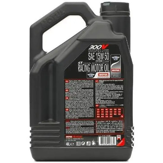 MOTUL 300V 4T Road Racing 15W-50 
 Olio lubrificante per motori da competizione 4T sviluppato per prototipi e motociclette di serie ad alte prestazioni. 
 Contenitore da 4 litri