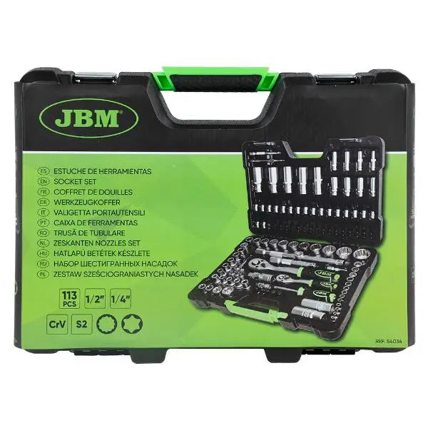 JBM 54036 Valigetta per utensili da 113 pezzi con bussole a 12 lati zincate da 1/4" e 1/2"