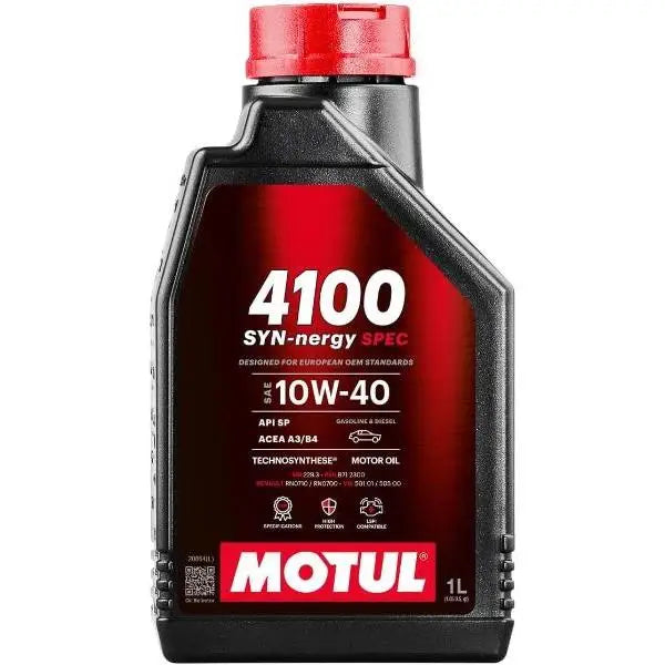 MOTUL 4100 SYN-NERGY SPEC 10W-40 
 Olio lubrificante per motori a benzina e diesel, progettato 
 secondo le specifiche dei produttori OEM europei. 
 Tecnosintesi ® 
 Contenitore da 1 litro.