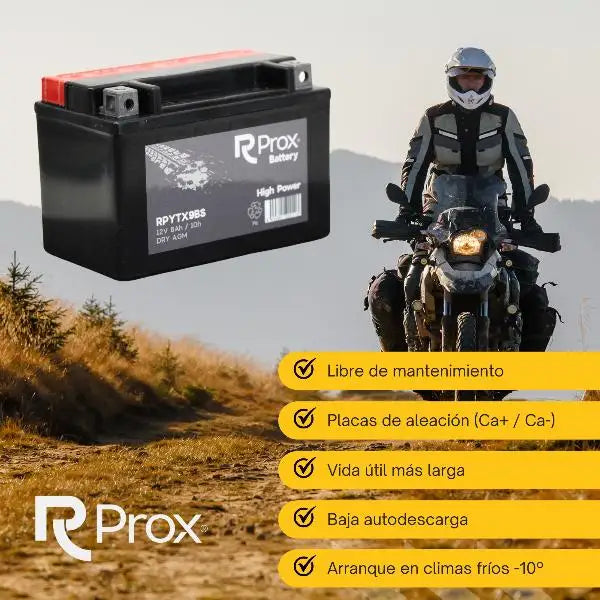 Batteria per moto YTX9-BS AGM ad alta potenza 12V 8Ah 135A. Massima potenza di avviamento. Batteria RC Prox prodotta in Europa.