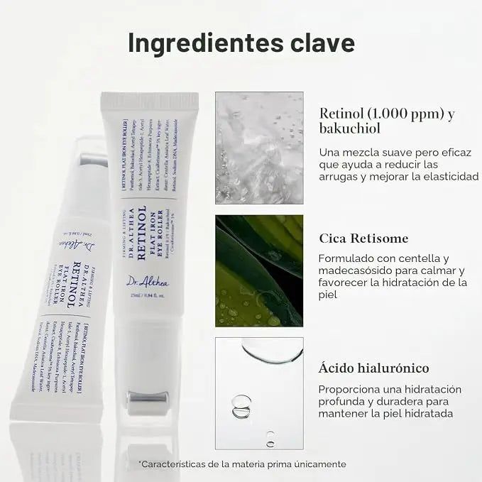 Dr. Althea Retinol Flat Iron Eye Roller - Siero Contorno Occhi Anti-Età con Roller Gua Sha - Retinolo 1000 ppm + Bakuchiol + Centella + Acido Ialuronico - Vegano - 25 ml