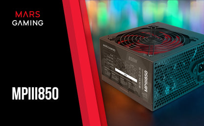 Mars Gaming MPIII850, Alimentatore per PC ATX 850W, 5 anni di garanzia, Tecnologia AI-RPM silenziosa, Efficienza 85%, Alimentatore per giochi in bianco o nero