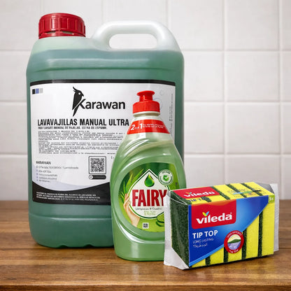 Kit Pulizia Lavastoviglie - Detergente Concentrato Ultra Karawan 5L + Fairy 340ml + Spugne Videla x5 Unità
