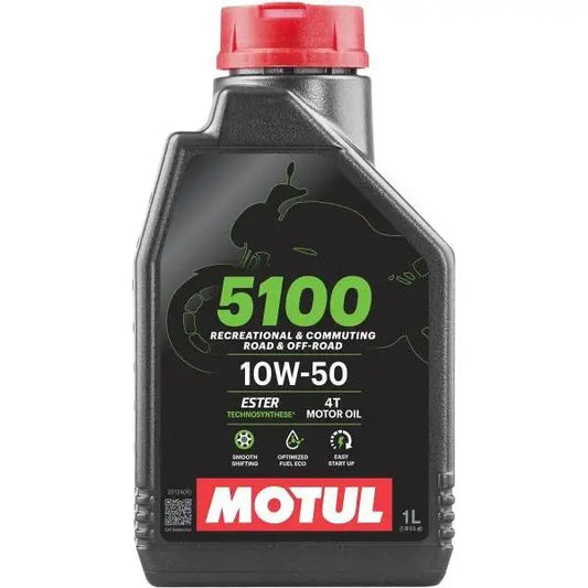MOTUL 5100 10W-50 4T 
 Lubrificante per motociclette ad alte prestazioni 
 Ricreativo e pendolarismo 
 Tecnosintesi ®   – Esther 
 Contenitore da 1 litro.