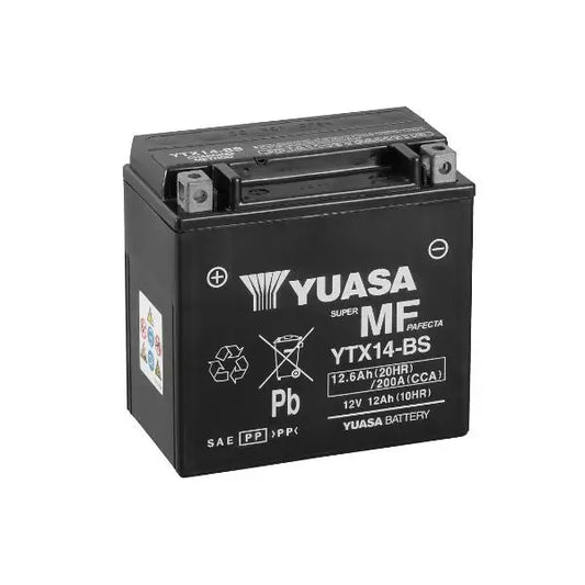 Yuasa YTX14-BS Batteria per Moto 
 12V 12.6Ah 200A (EN) 
 Gamma YTX ®   e YT AGM ad alte prestazioni senza manutenzione 
 MISURE 
 Lunghezza 	 150 mm 
 Larghezza 	 87 mm 
 Altezza 	 145 mm