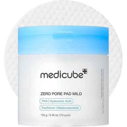 medicube Zero Pore Pad Mild 2.0 | Dischetti Esfolianti con PHA, Centella e Acido Ialuronico | Riduce Pori, Punti Neri e Sebo | Doppia Texture | Pelle Sensibile | Cosmetici Coreani | 70 pz