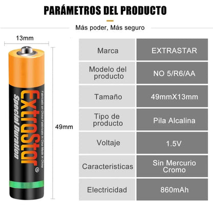 Pile AA e AAA Extrastar da 1,5 V, confezione risparmio da 24, 48 e 60 pezzi. Senza mercurio, non tossiche, adatte a molti dispositivi elettronici e giocattoli. Lunga durata, formato economico famiglia, disponibili due formati