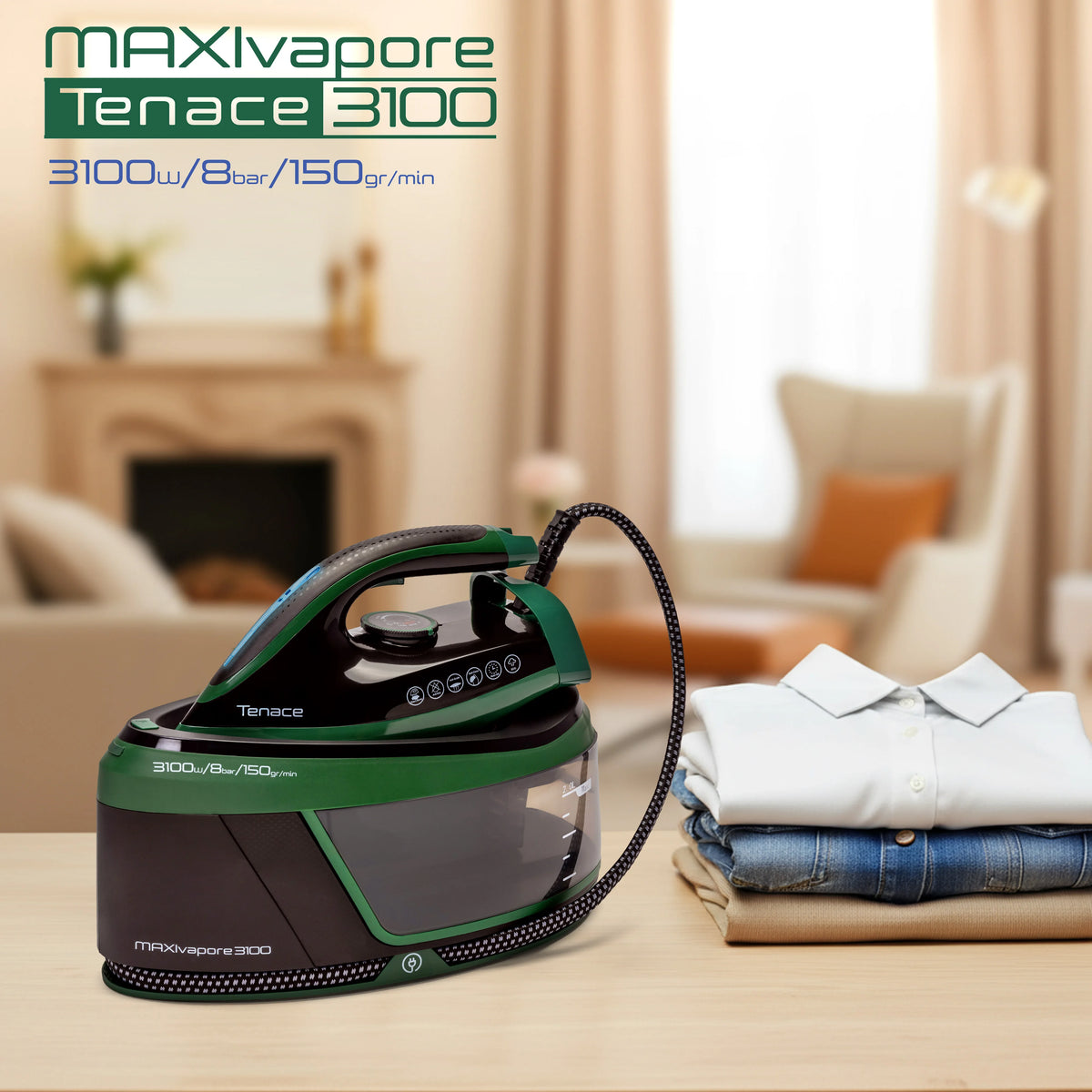 Ferro da Stiro con Caldaia Maxivapore Tenace 3100W – 8 Bar di Pressione, Filtro Anticalcare Estraibile e Piastra Antiaderente – Sistema Stirante Professionale con Blocco di Sicurezza