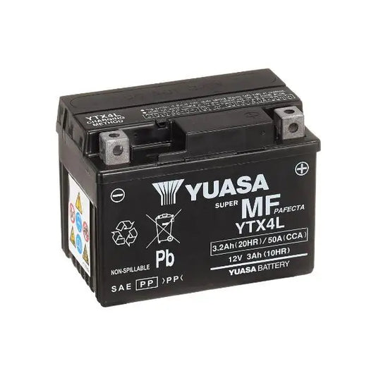 YTX4–L 
 12V 3.2Ah 50A (EN) 
 Gamma YTX ®   e YT AGM ad alte prestazioni senza manutenzione 
 Lunghezza 	 114 mm 
 Larghezza 	 71 mm 
 Altezza 	 86 mm