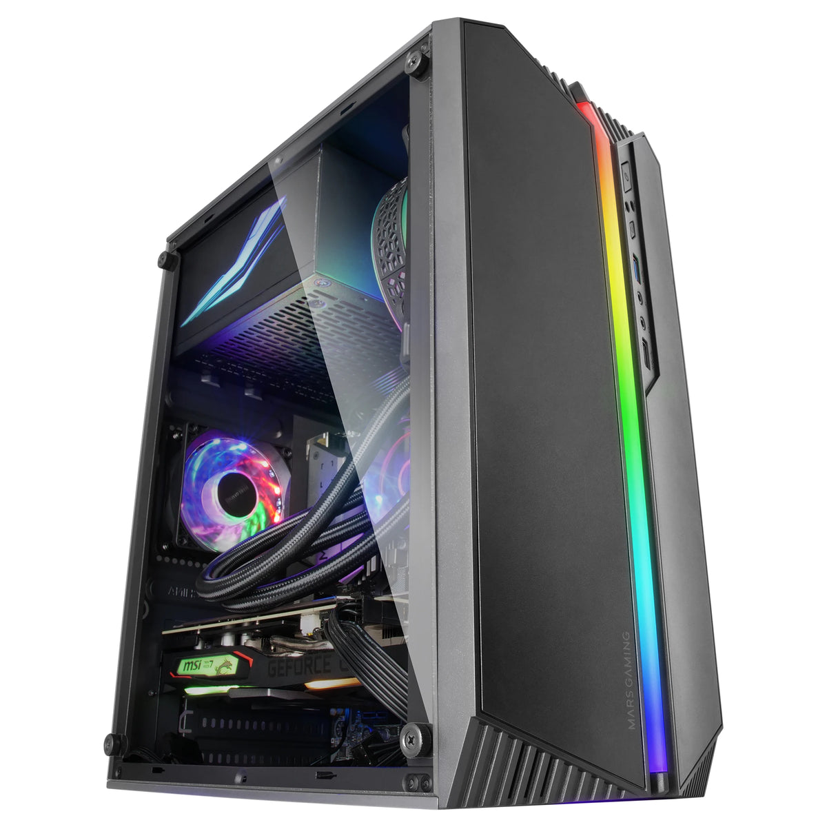 Mars Gaming MC-S1, custodia compatta per PC da gioco Micro-ATX, 12 modalità ARGB anteriore, finestrino laterale, supporto raffreddamento liquido, ventola FRGB, scatola ARGB nera, bianca o rosa