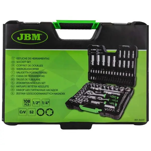 JBM 54037 Cassetta degli attrezzi da 108 pezzi con bussole esagonali zincate da 1/4" e 1/2"