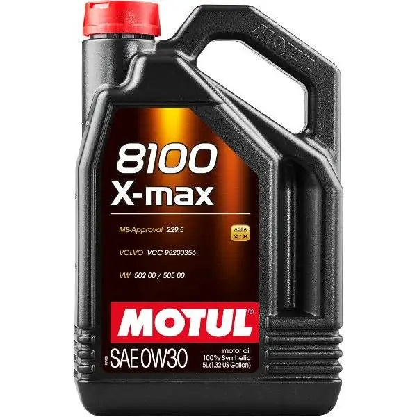 MOTUL 8100 X-MAX 0W-30 
 Olio motore per benzina e diesel 
 100% sintetico 
 Contenitore da 5 litri