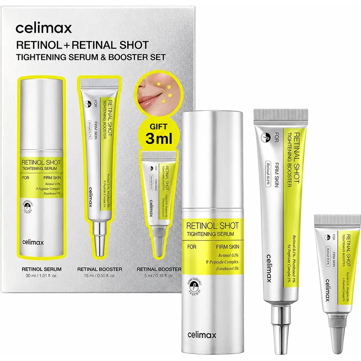 Celimax The Vita A Retinal Shot Tightening Booster Gift Pack | Retinal 0,1% + Retinolo Puro + Matrixyl 3% + 9 Peptidi | Pori Ridotti, Tonicità e Anti-Rughe | Microparticelle A-Shot | K-Beauty | 48ml (15ml+30ml+3ml)