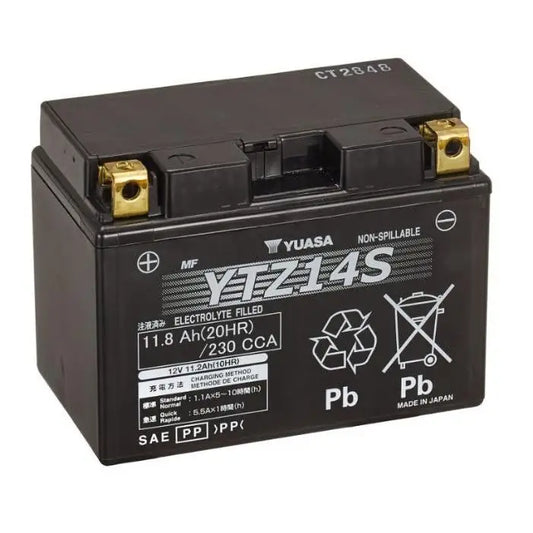 Batteria per moto YUASA YTZ14S AGM 
 12V 11.8Ah 230Amp. 
   Gamma YTZ ®   AGM ad alte prestazioni senza manutenzione 
 Misure: Lunghezza 	 150 mm 
 Larghezza 	 87 mm 
 Altezza 	 110 mm