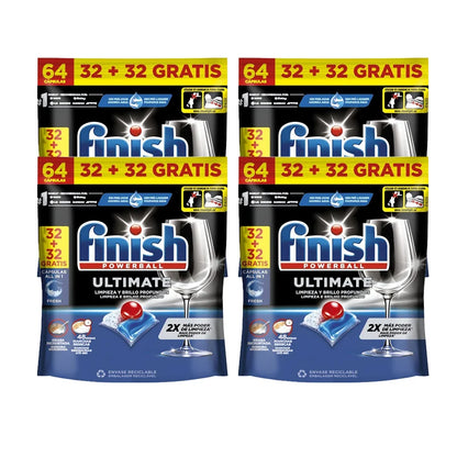 Finish Powerball Ultimate All-in-1, 64 pastiglie, efficaci su macchie asciutte e incrostate, confezione da 1 (64), 2 (128), 3 (192), 4 (256) o 5 (320)