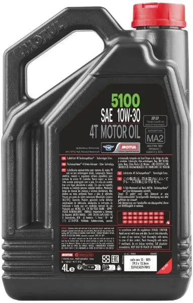 MOTUL 5100 10W-30 4T 
 Lubrificante per motociclette ad alte prestazioni 
 Ricreativo e pendolarismo 
 Tecnosintesi ®   – Esther 
 Contenitore da 4 litri.