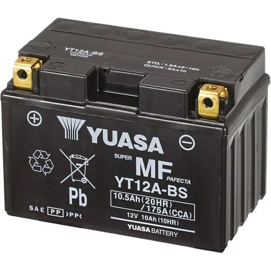 Batteria per moto YUASA YT12A-BS 
 12V 10.5Ah 175A(EN) - AGM - 
 Gamma YTX ®   e YT ad alte prestazioni senza necessità di manutenzione. 
 Misure: 
 Lunghezza 	 150 mm 
 Larghezza 	 87 mm 
 Altezza 	 105 mm