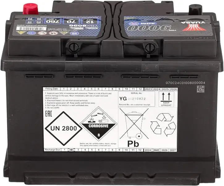 YUASA YBX9096 70AH 760A Batteria Auto Start-Stop Plus 
 Posizione terminale: + Destra positiva. 
 Misure: Lunghezza: 	 Larghezza: 278 mm   Altezza: 175 mm   Profondità: 190 mm