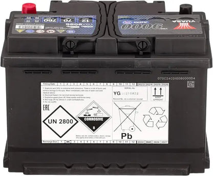 YUASA YBX9096 70AH 760A Batteria Auto Start-Stop Plus 
 Posizione terminale: + Destra positiva. 
 Misure: Lunghezza: 	 Larghezza: 278 mm   Altezza: 175 mm   Profondità: 190 mm