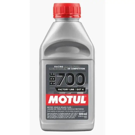 MOTUL RBF 700 
 Liquido freni da competizione 100% sintetico – DOT 4 
 Punto di ebollizione molto alto: 336 ° C/637 ° F. 
 Per sistemi frenanti e frizione idraulici. 
 Contenitore da mezzo litro.