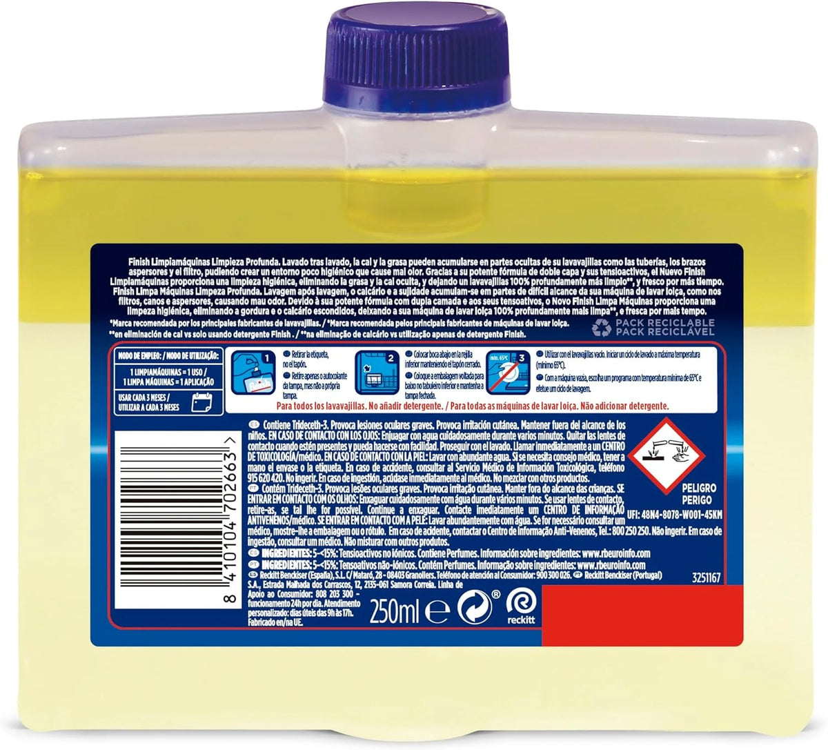 Finish Detergente per Lavastoviglie, Detergente per Lavastoviglie al Profumo di Limone contro cattivi odori, calcare e grasso nella lavastoviglie, 4 unità x 250 ml, Totale 1 litro