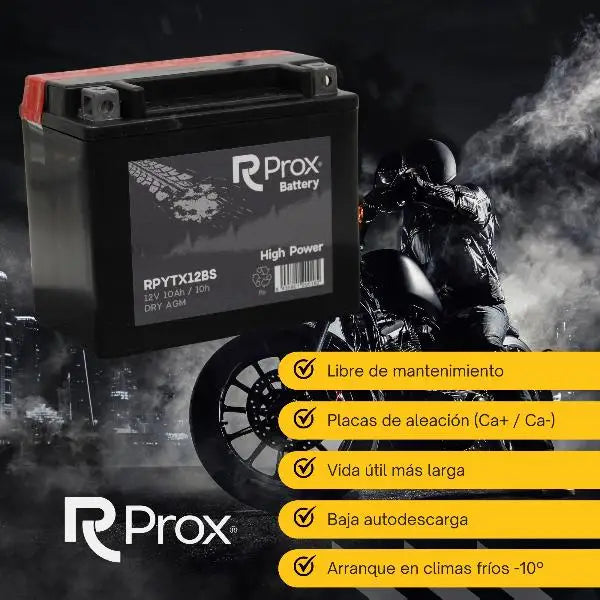 Batteria per moto YTX12-BS AGM ad alta potenza 12V 10Ah 180A. Massima potenza di avviamento. Batteria RC Prox prodotta in Europa.