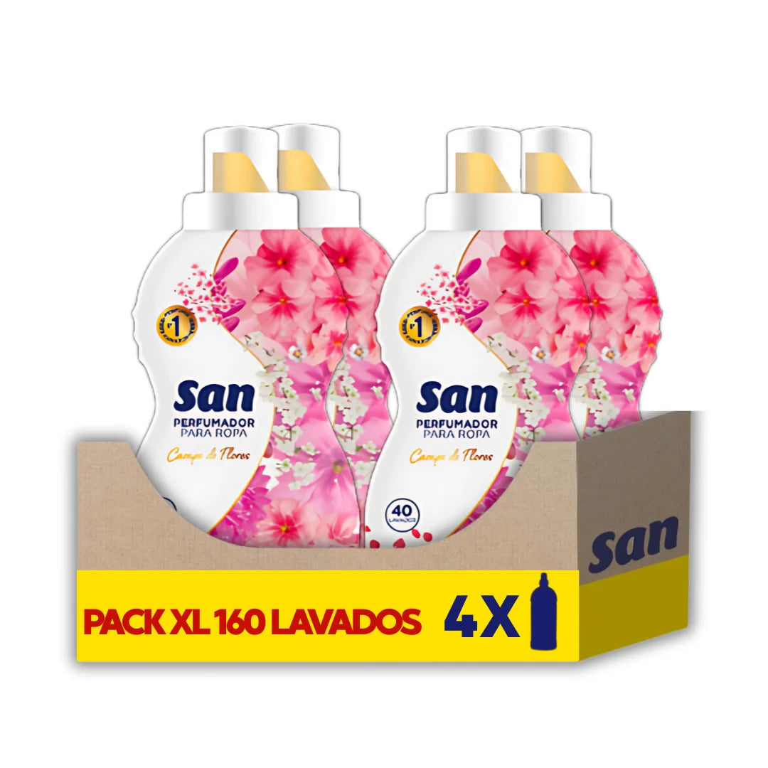 SAN Flower Field Detergente Profumato per Lavatrice, 40 Lavaggi, 800ml, Confezione da 4, Liquido Concentrato per Indumenti, Fragranza Morbida ed Elegante a Lunga Durata, Profumo Floreale con Talco