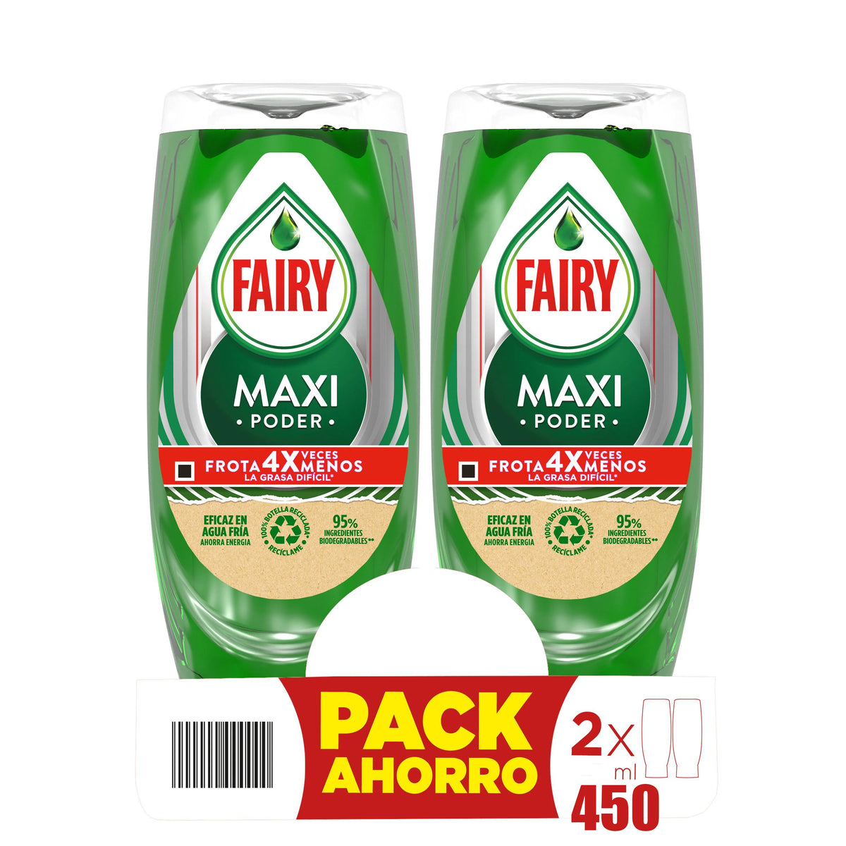 FAIRY Maxi Double Power 900 ml Detergente Liquido per Piatti e Mani 2x450 ml o 4 x 450 ml con Azione Antigrasso, Pulizia Facile di Piatti, Pentole e Padelle più Sporche