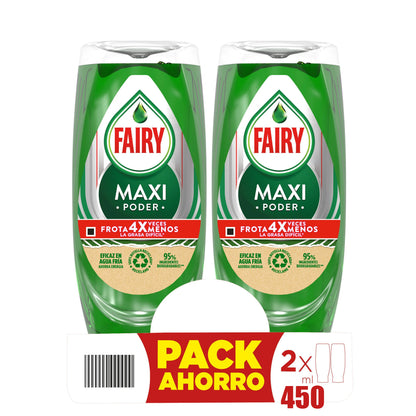 FAIRY Maxi Double Power 900 ml Detergente Liquido per Piatti e Mani 2x450 ml o 4 x 450 ml con Azione Antigrasso, Pulizia Facile di Piatti, Pentole e Padelle più Sporche