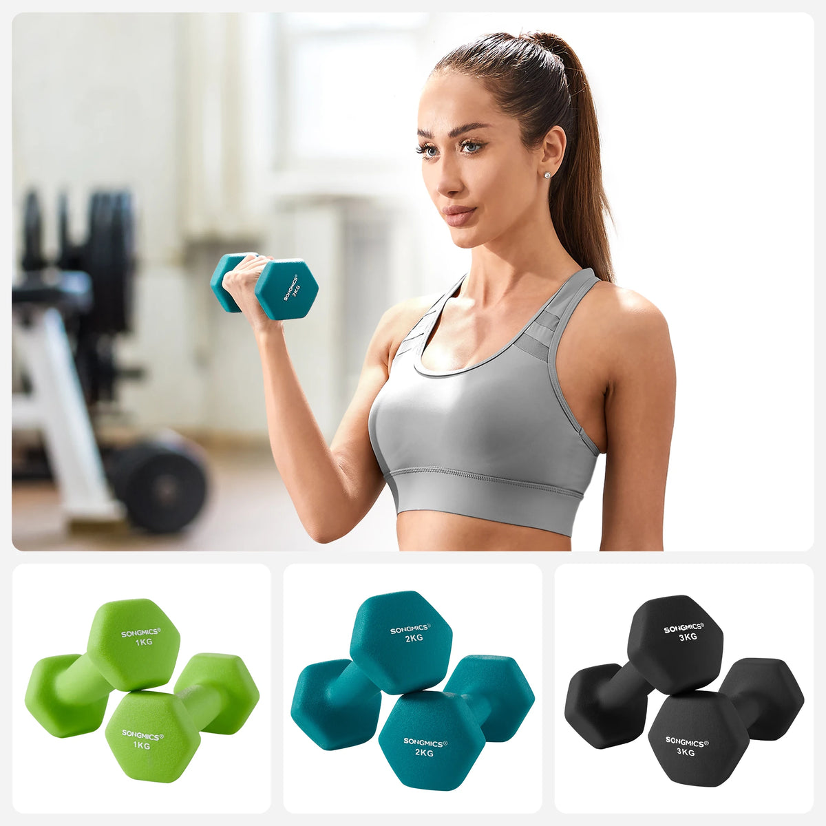 SONGMICS Set di Manubri, 3 Paia, 2 x 1kg, 2 x 2kg, 2 x 3kg, Supporto per Riporre, Palestra e Bodybuilding, Rivestimento Antiscivolo in Neoprene