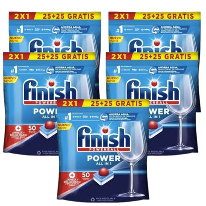 Finish Power All in 1 - Confezione da 5 confezioni da 25+25 (250) compresse o confezione da 2 confezioni da 25+25 (100) compresse per lavastoviglie senza fosfato, con Powerball per rimuovere le macchie di grasso più difficil