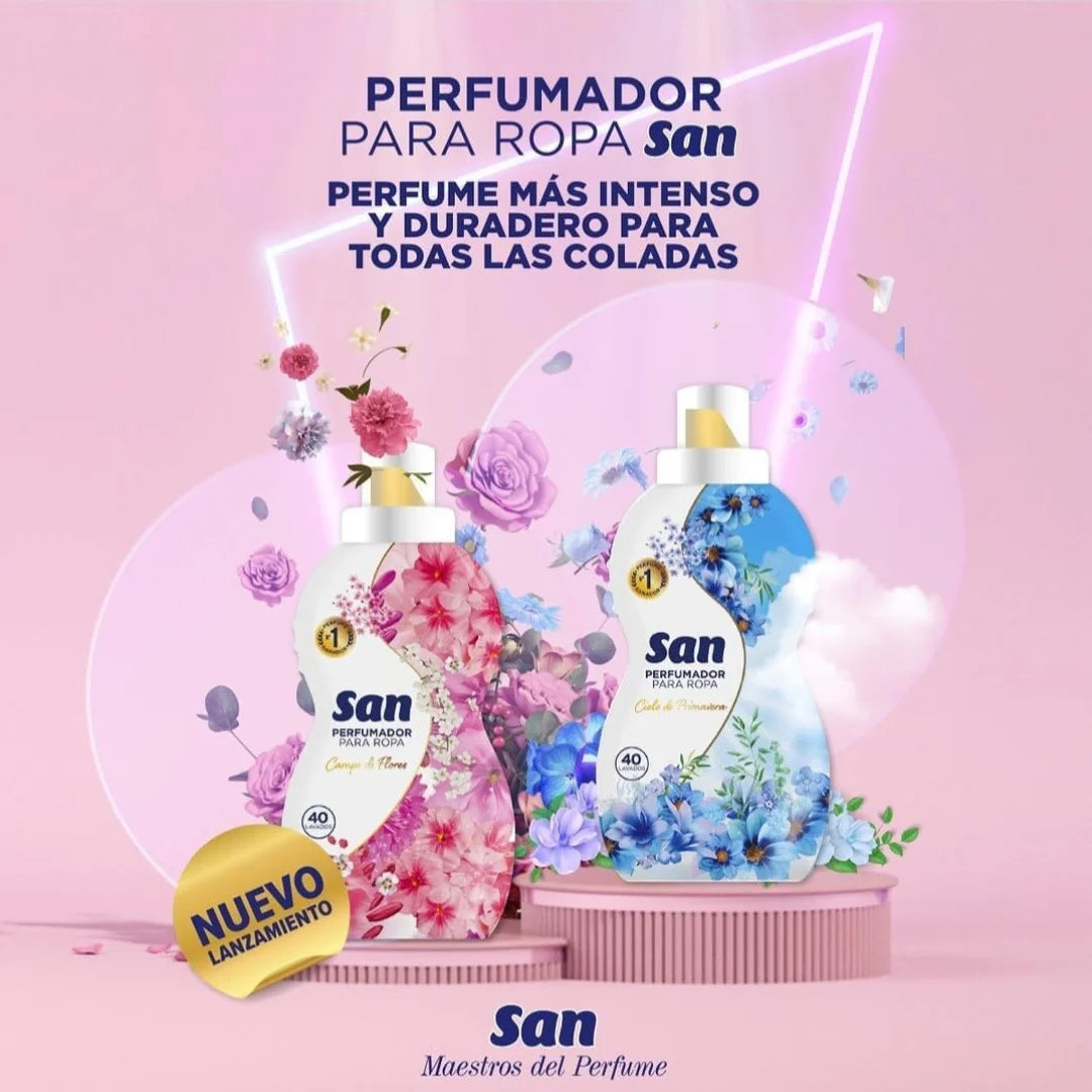 SAN Flower Field Detergente Profumato per Lavatrice, 40 Lavaggi, 800ml, Confezione da 4, Liquido Concentrato per Indumenti, Fragranza Morbida ed Elegante a Lunga Durata, Profumo Floreale con Talco
