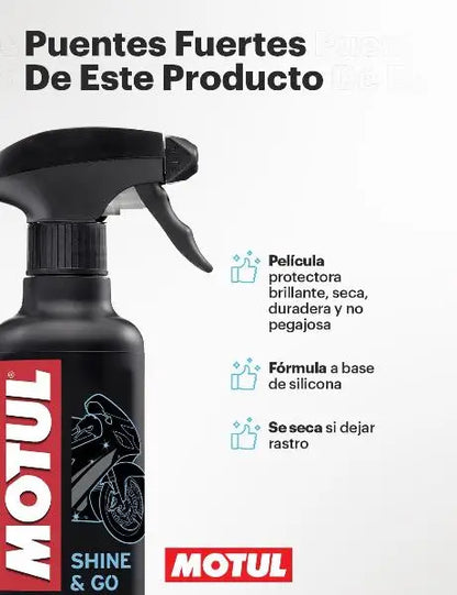 MOTUL MC CARE E5 SHINE & GO 
 Ravviva vernici e smalti 
 Lascia una lucentezza secca protettiva 
 Spruzzare con grilletto 
 Contenitore da 400 ml