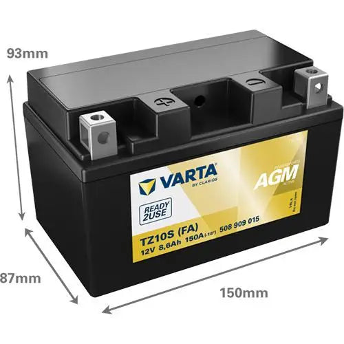 VARTA YTZ10S 12V 9AH 150A +I 
 Powersports AGM Active 508 909 015 
 Misure: 
 Lunghezza 150 mm 
 Larghezza 87 mm 
 Altezza 93 mm