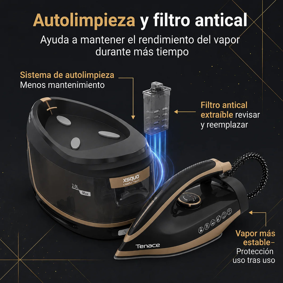 Ferro da Stiro con Caldaia Maxivapore Tenace Black 3100W – 8 Bar di Pressione, Serbatoio 2L e Filtro Anticalcare – Sistema Stirante Professionale a Vapore
