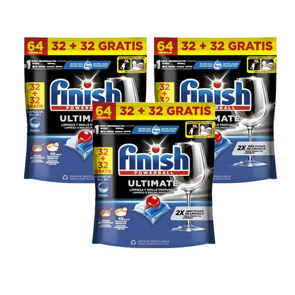 Finish Powerball Ultimate All-in-1, 64 pastiglie, efficaci su macchie asciutte e incrostate, confezione da 1 (64), 2 (128), 3 (192), 4 (256) o 5 (320)