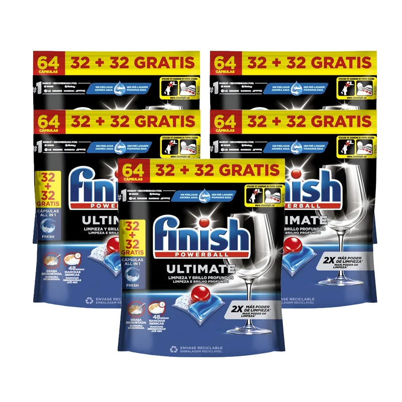 Finish Powerball Ultimate All-in-1, 64 pastiglie, efficaci su macchie asciutte e incrostate, confezione da 1 (64), 2 (128), 3 (192), 4 (256) o 5 (320)