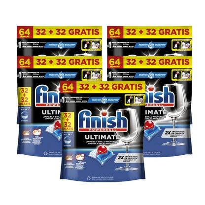 Finish Powerball Ultimate All-in-1, 64 pastiglie, efficaci su macchie asciutte e incrostate, confezione da 1 (64), 2 (128), 3 (192), 4 (256) o 5 (320)