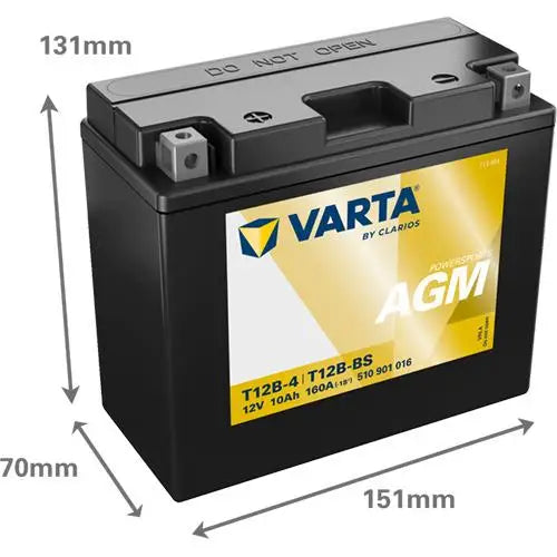 VARTA T12B-BS 12V 10AH 160A +I 
 POWERSPORTS AGM 510 901 016 
 Misure: 
 Lunghezza 151 mm 
 Larghezza 70 mm 
 Altezza 131 mm