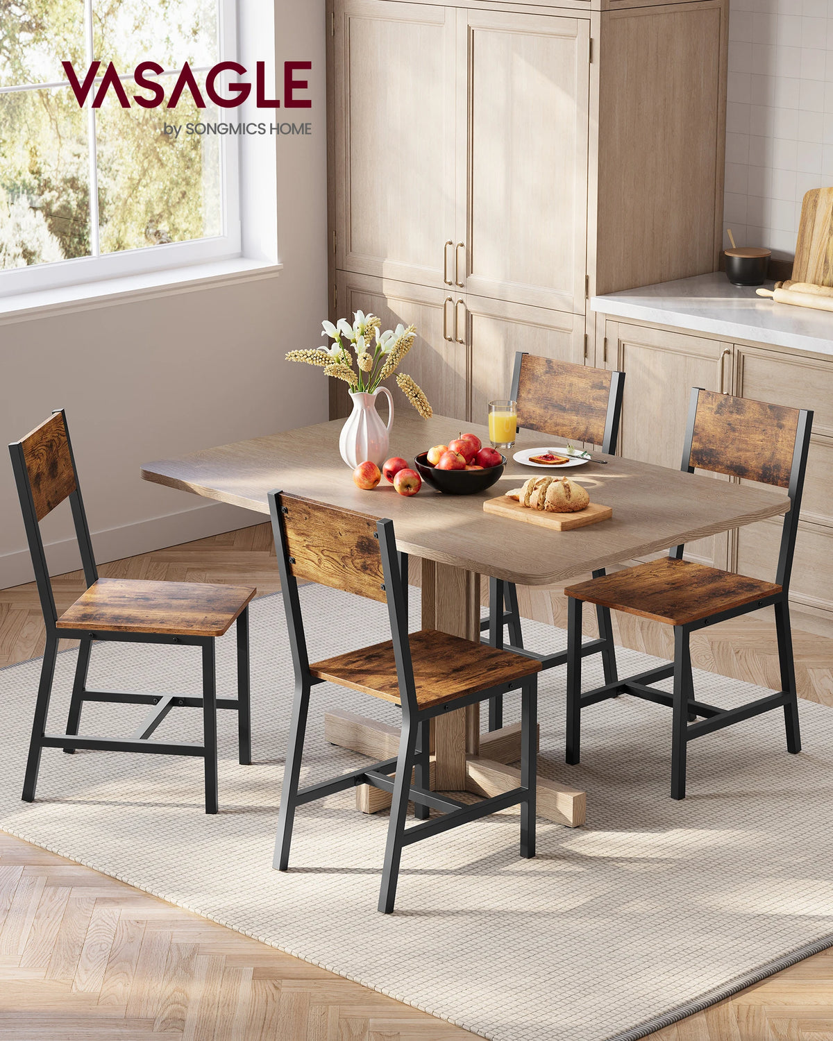 VASAGLE Sedie da pranzo, set di 4, struttura in acciaio, stile industriale, per sala da pranzo, soggiorno, cucina, marrone rustico e nero