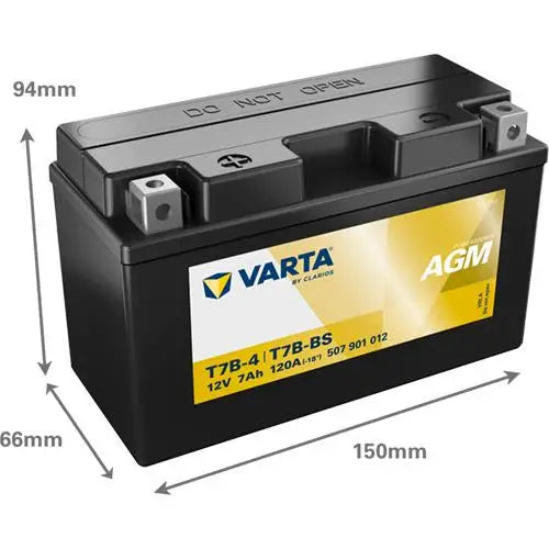 VARTA T7B-BS 7AH 120A +I 
 POWERSPORTS AGM 507 901 012 
 Misure: 
 Lunghezza 150 mm 
 Larghezza 66 mm 
 Altezza 94 mm